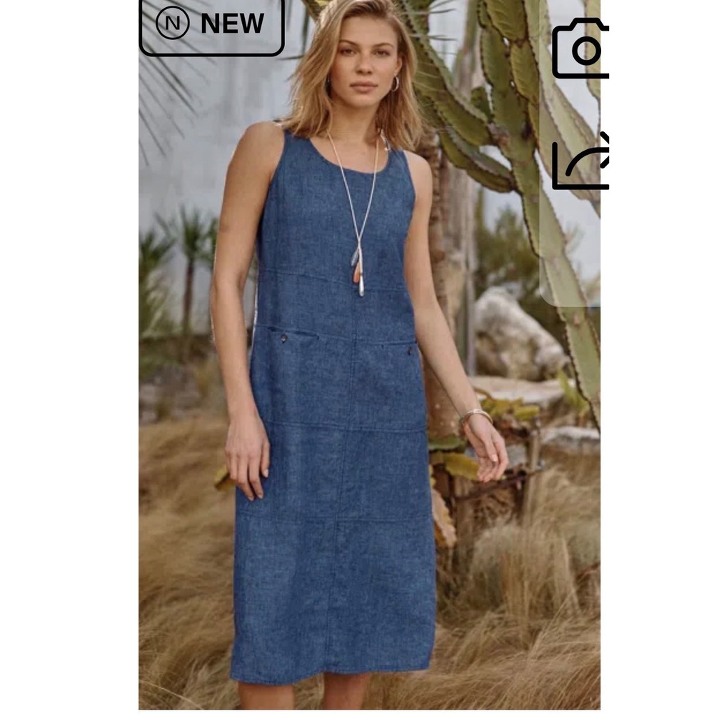 NWT Pure‎ Jill Linen Shift Dress Women L Petite Blue Sleeveless Midi Pockets